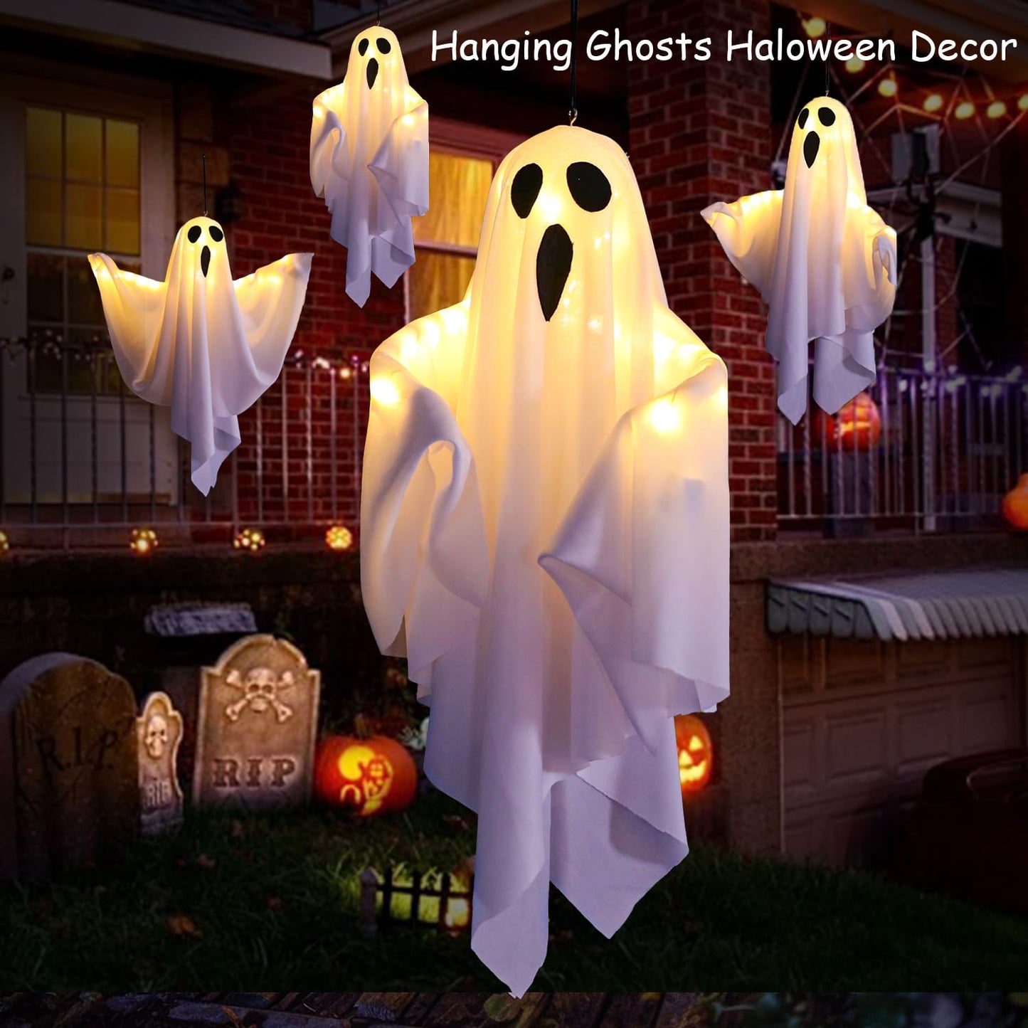 Lifnatty Halloween Hanging Ghost Lights with Remote Control – Floating Ghost Decorations with Timer, 8 Lighting Modes, Battery Operated for Scary Halloween Decor Indoor Outdoor (2-Pack)
