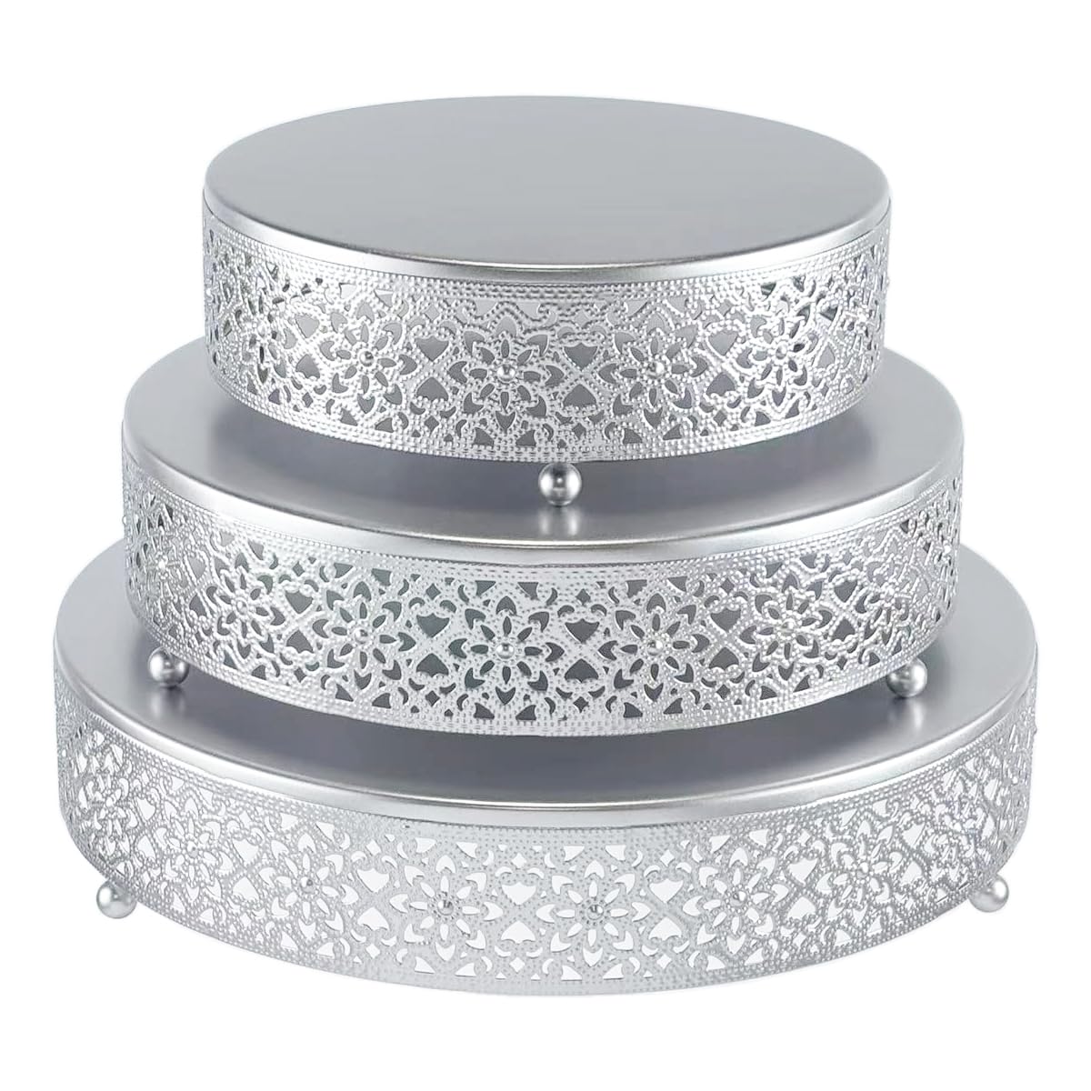 FEICTPOX Cake Stand Set of 3 Metal Cupcake Stands Dessert Display Plate for Wedding Party Birthday (3 Pcs, Matte Silver)