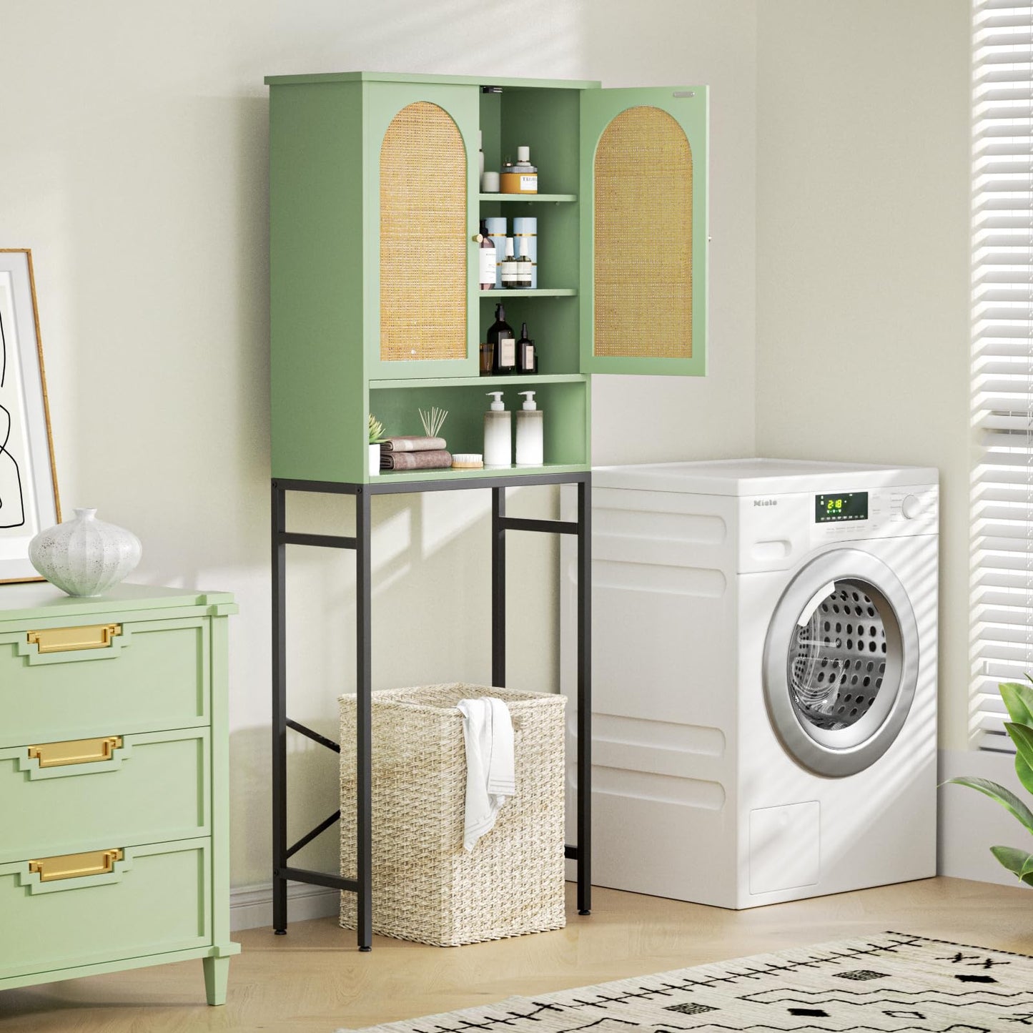 Befrases Rattan Toilet Storage Cabinet, Over the Rack Wood Cabinet with Metal Stand, Bathroom Organizer with Adjustable Shelf, Space Saving Cupboard for Small Bathrooms, Washer Shelf, Green