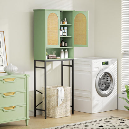 Befrases Rattan Toilet Storage Cabinet, Over the Rack Wood Cabinet with Metal Stand, Bathroom Organizer with Adjustable Shelf, Space Saving Cupboard for Small Bathrooms, Washer Shelf, Green
