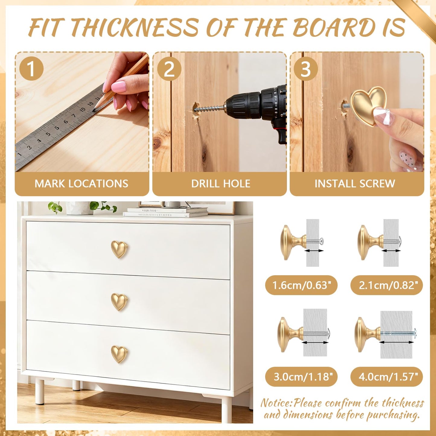Foyofly 4 pcs Gold Heart Drawer Knobs Cute Furniture Cabinet Dresser Handle Knobs for Girl's Room Dresser Cupboard Drawer Wardrobe Decorative Knobs (Matte Gold-C-4 Pack)