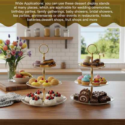 8Pack 3 Tier Cupcake Stand Bulk, Plastic Clear 3 Tiered Dessert Stand with Gold Edges Thick Round Shape Serving Dessert Tray for Tea Party Wedding Birthday Halloween Christmas Party Decorations