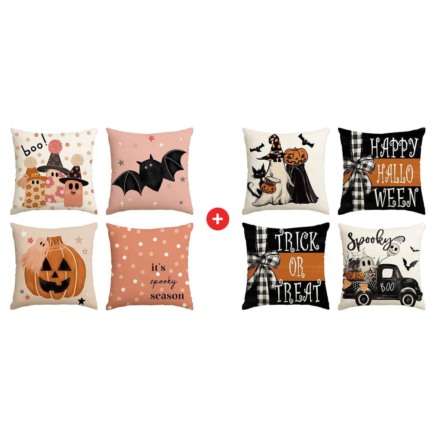 AVOIN colorlife Halloween Boo It's Spooky Season Cute Ghost Throw Pillow Covers, 18 x 18 Inch Trick or Treat Stripe Truck Pumpkin Spooky Cushion Case for Sofa Couch Set of 8