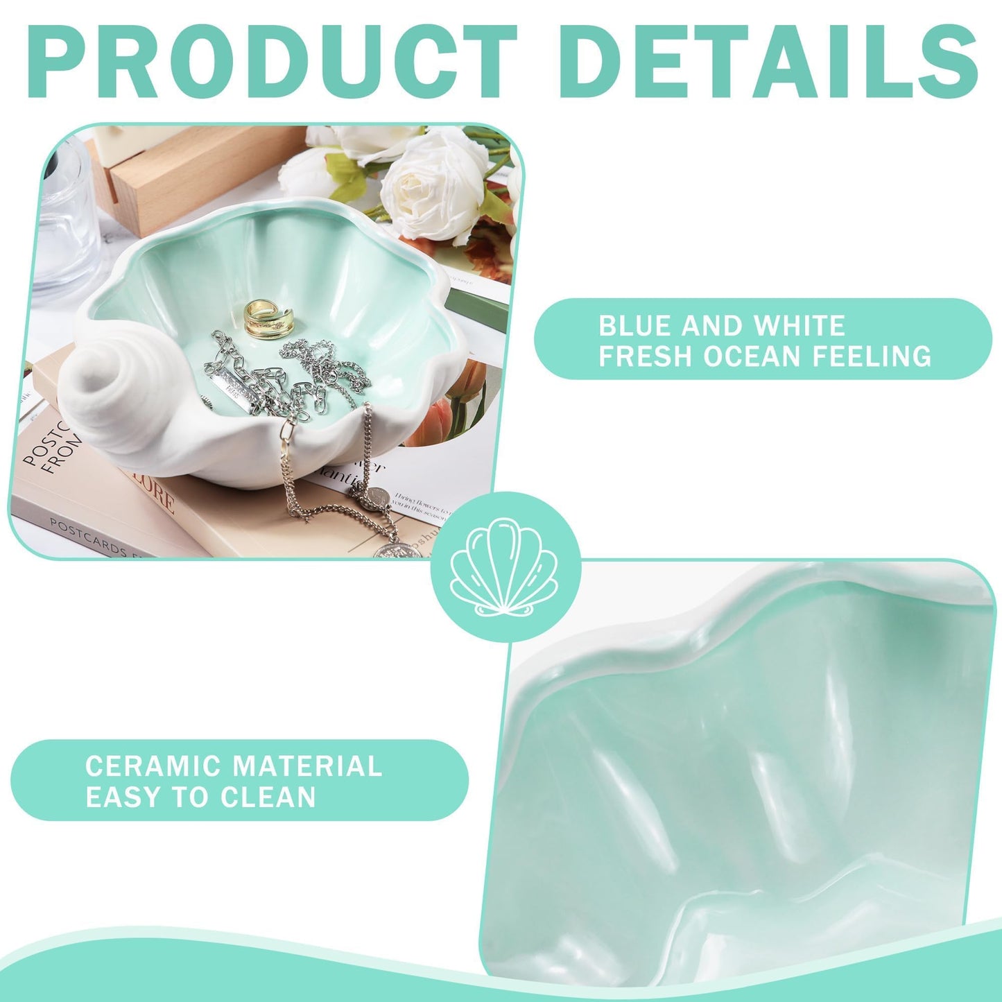 OSOPOLA Ceramic Shell Jewelry Tray - Ocean-themed Decorative Ring Holder Dish Key Tray Cute Jewelry Plate Trinket for Women Home Decor,Christmas Birthday Gifts HE02SL