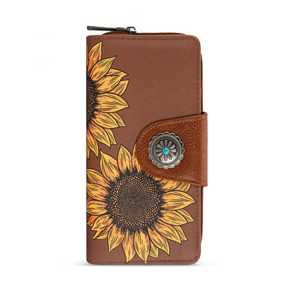 Montana West Brown Sunflower Wallets for Women RFID Blocking Wallet Large Capacity Phone Clutch Wallet Ladies Female Western Bifold Wallets with Coin Purse