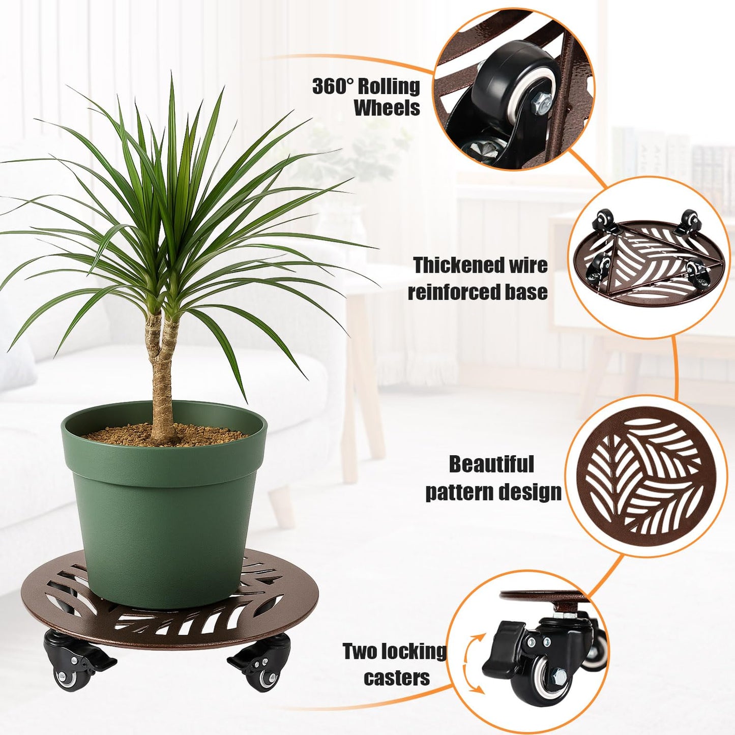 1-Pack Large Metal Plant Caddy with Wheels 13.6 Inches Heavy-duty Rolling Plant Stands with Casters Wheeled Flower Pot Mover Rollers Rust-proof Iron Planter Dolly Coasters for Indoor Outdoor Use