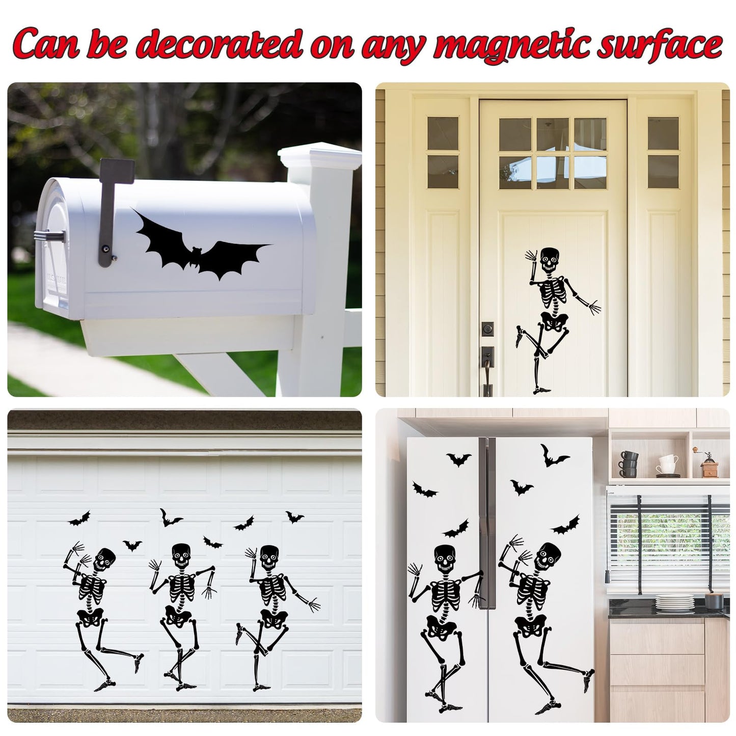 JarThenaAMCS 31Pcs Halloween Garage Decoration Magnet Stickers Black Dancing Skeleton Bat Refrigerator Decals for Home Party Room Garage Door Car