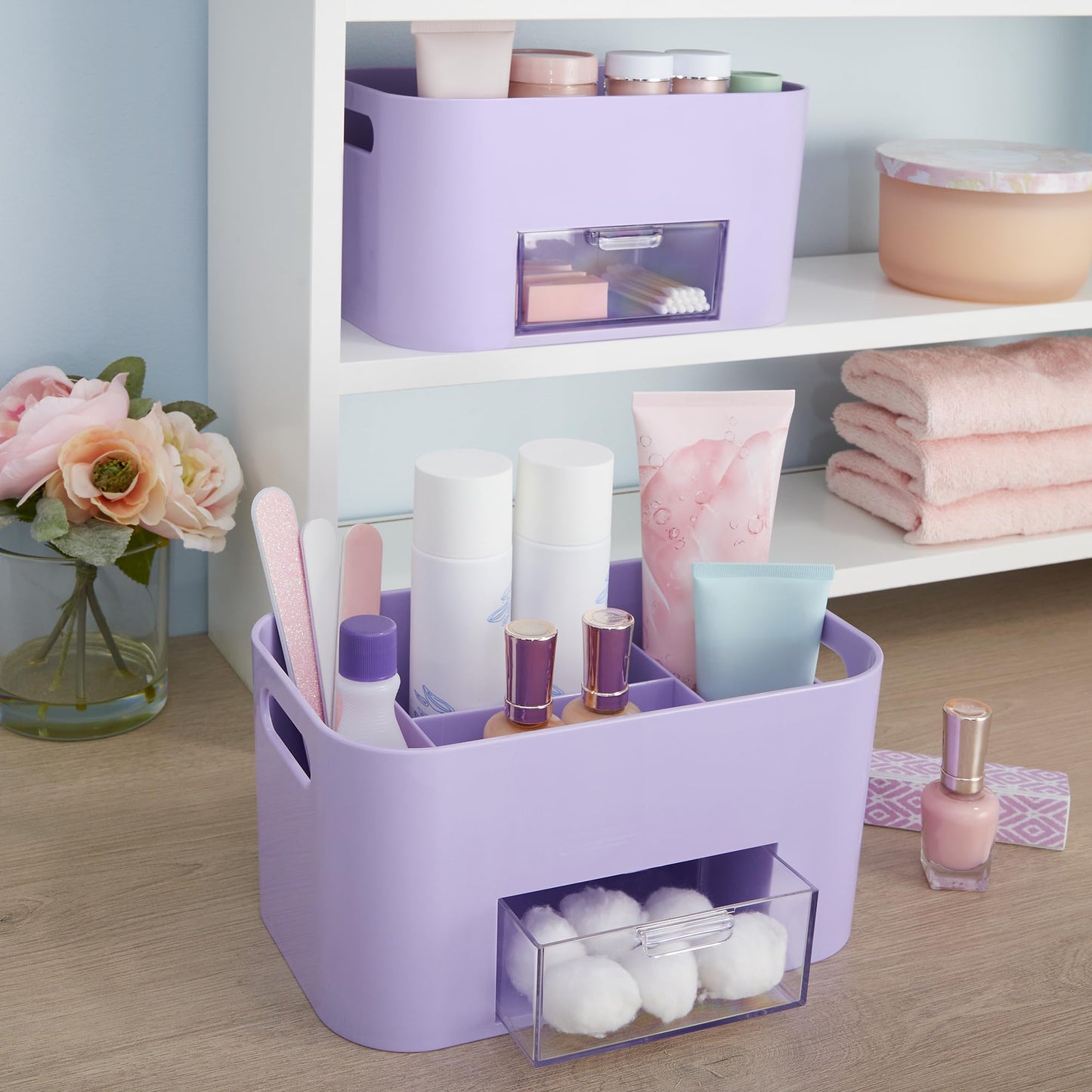 STORi Bliss Lilac Purple Makeup Organizer for Countertop, Divided Bathroom Organizer & Storage Drawer, Makeup Brush Holder, Cosmetic & Nail Polish Organizer, Made in USA