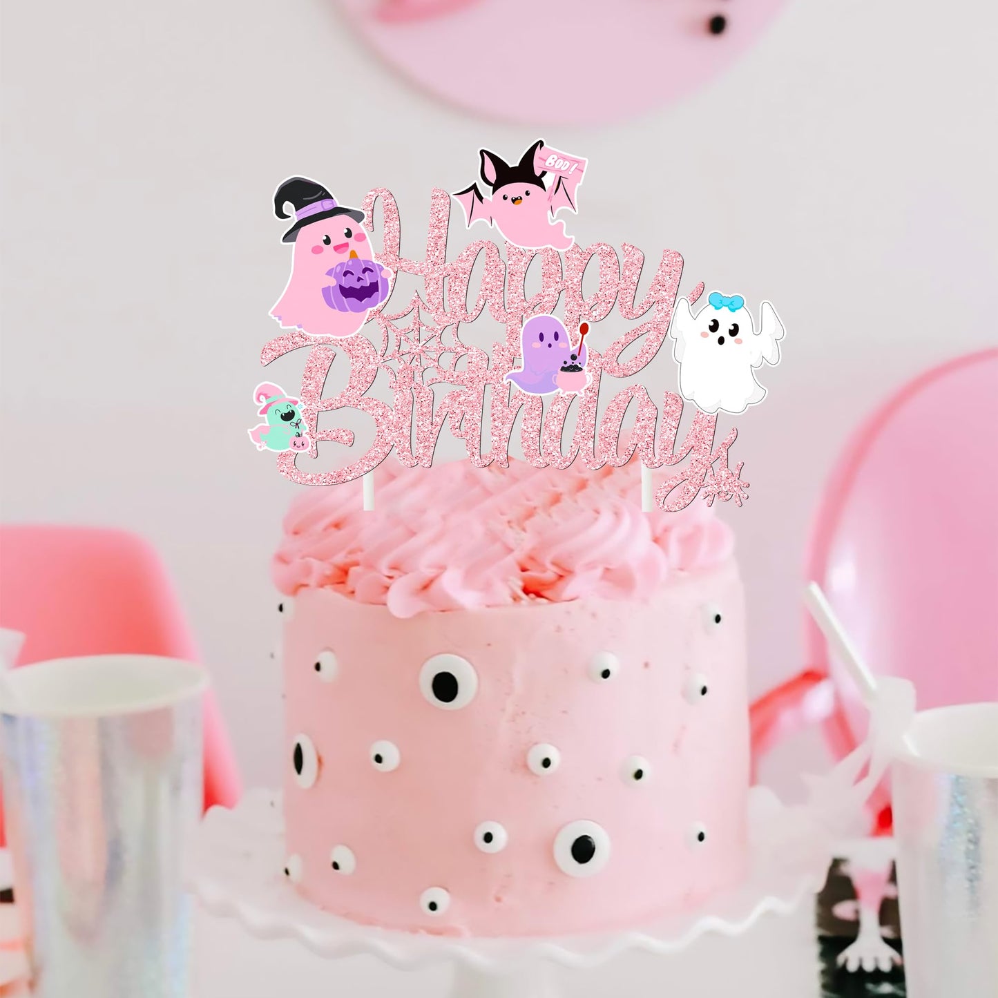 Ghost Birthday Cake Topper Pink Glitter Halloween Birthday Party Decorations Lovely Ghost Cake Picks Ghosts Theme Cake Decorations for Happy Boo Day Party Supplies