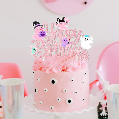 Ghost Birthday Cake Topper Pink Glitter Halloween Birthday Party Decorations Lovely Ghost Cake Picks Ghosts Theme Cake Decorations for Happy Boo Day Party Supplies