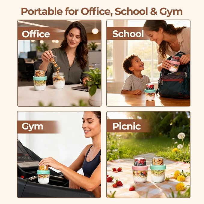 ComSaf Overnight Oats Containers with Lids (8oz+4oz, 6Pcs), Glass Yogurt Parfait Cups for Cereal Nut Fruit, Dual-Layer Chia Pudding Jars Reusable, Small Mason Jars for Salad, Meal Prep, Snack, Oatmeal