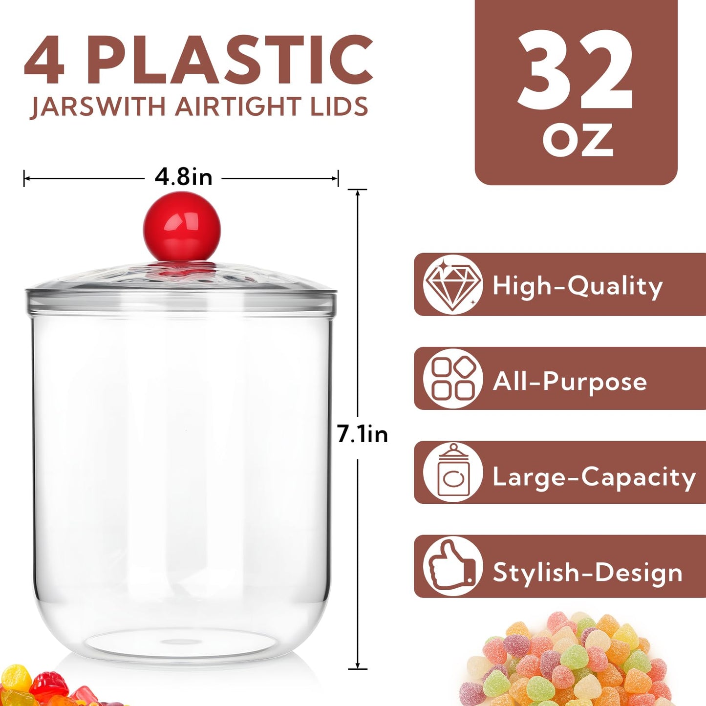 VZZNN 4 Pack Candy and Jars with Lids for Office Desk, Plastic Cookie Storage Jar for Kitchen Counter, Plastic Apothecary Jar for Cotton Swabs, Balls, Cotton Pads (1400ml)