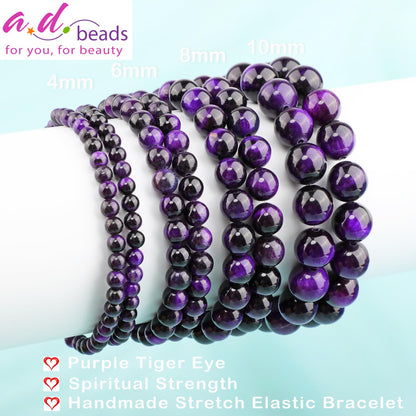 AD Beads 8mm Handmade Purple Tiger Eye Elastic Bracelet – Natural Gemstone for Peace and Tranquility – Meditation, Yoga, Healing and Energy Gift for Men Women