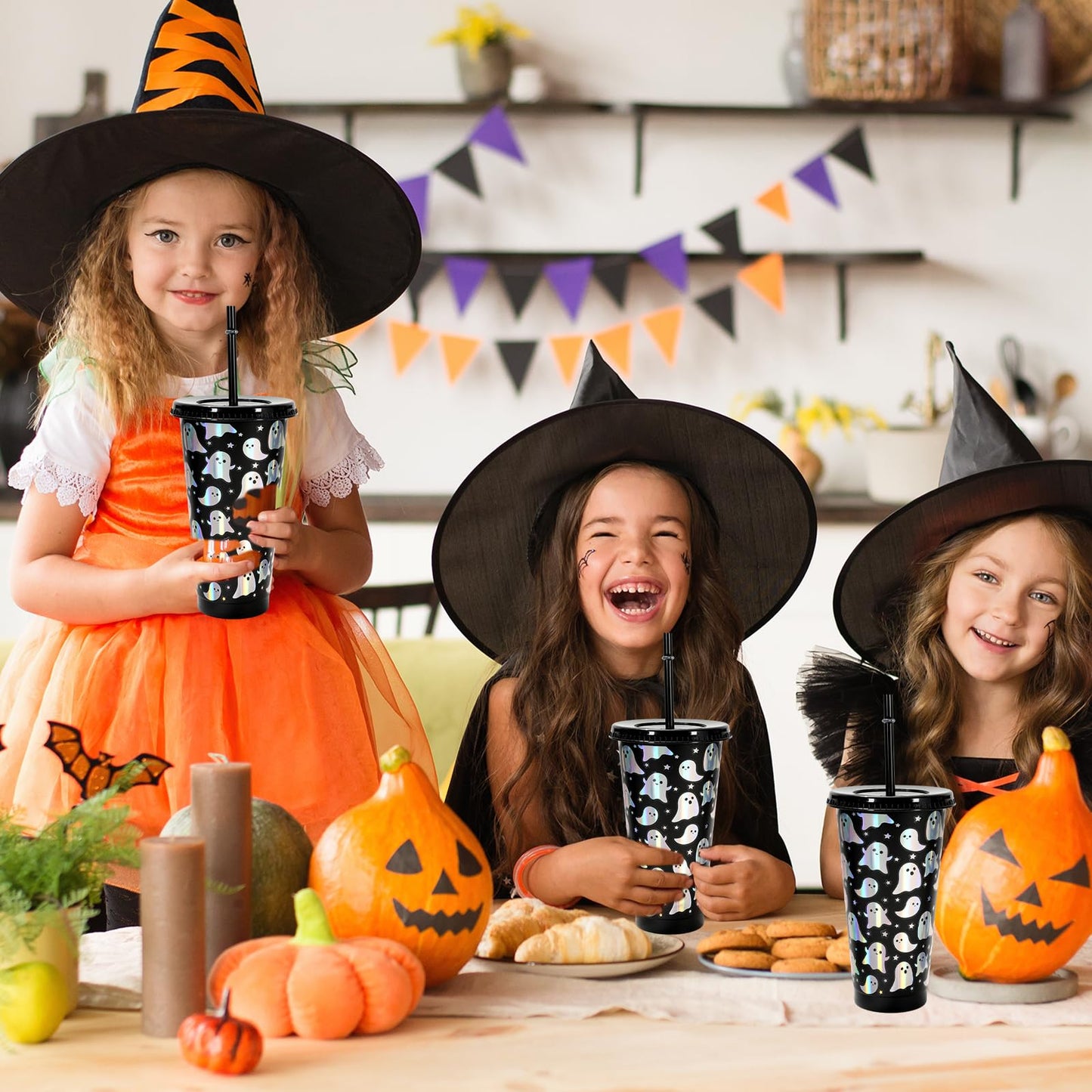 Whaline 12Pcs Halloween Ghost Plastic Cups Holographic Black Iridescent Boo Plastic Tumbler Reusable Cold Cup with Straw and Lids for Home Office Party Supplies