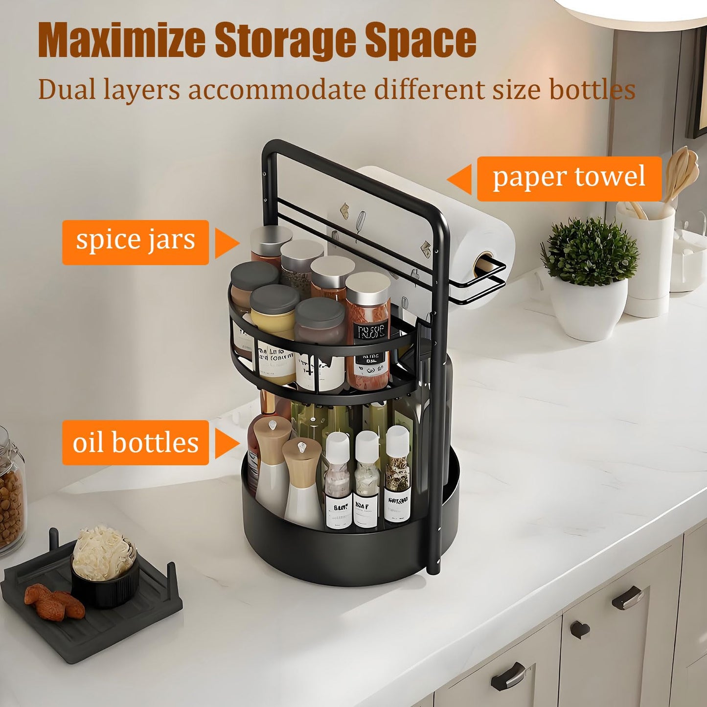JEESA Rotating Spice Rack with Paper Towel Holder, Black