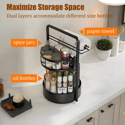 JEESA Rotating Spice Rack with Paper Towel Holder, Black