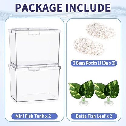 MoonOrange Mini Betta Fish Tank, Small Fish Bowl for Temporary Space, 0.2 Gallon Stackable Cube Tank with Betta Leaf and Gravels for Small Fish, Insect, Shrimp, Crab, Spider.(Pack-2)