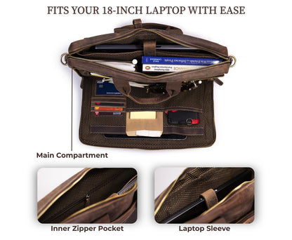 NomadCraftsCo. Brown Leather Messenger Bag for Men, Genuine Leather Briefcase, 18 Inch Work Satchel for Office, Travel, and Business Use