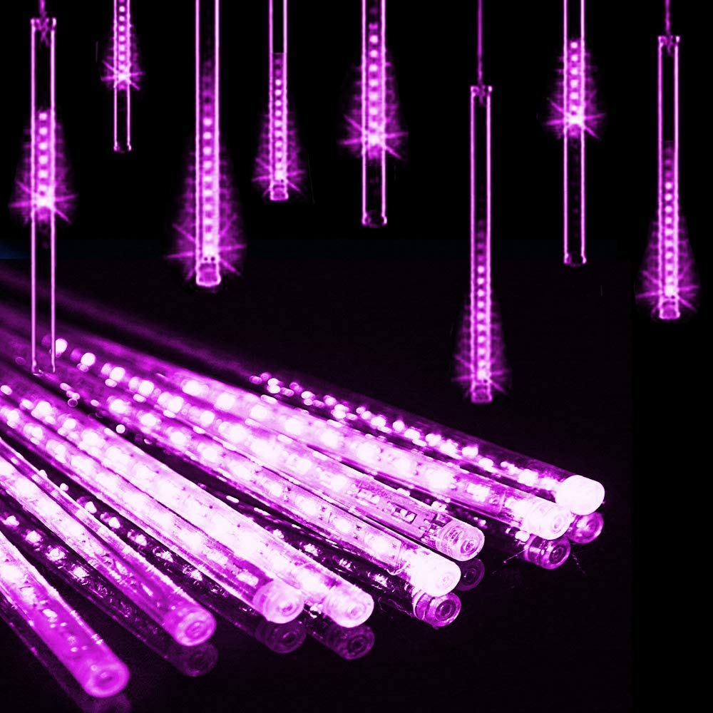Aukora Purple Outdoor Halloween Lights, UL Plug, 11.8 inch, 8 Tubes, 192 LEDs, Meteor Shower & RainDrop Light, Series-connectable Christmas String Light Outside for Xmas, Tree, Thanksgiving Decoration