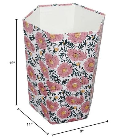 3.3 Gallon Cotton Hand Block Printed Paper Waste Basket |Small Decorative Trash Can for Housewarming Gifts in Living Room, Bedroom, Bathroom | Eco-Friendly, Plastic-Free (1, Green Pink Sun FLOWAR)