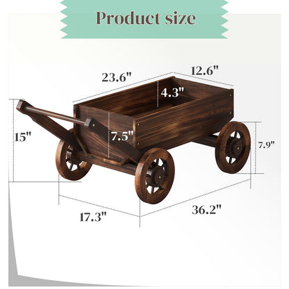 PULIJIAJU Wooden Wagon Garden Planter Cart with Wheels Rustic Flower Pot – Indoor Outdoor Patio Backyard Balcony Decor for Flowers and Plants（Large
