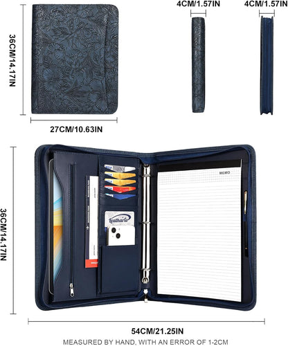 Leathario Portfolio Binder, Includes 5 Folder Index Dividers and 3 Notepads, 3-Ring Folder Organizer, Padfolio with Zipper, Vegan Leather Tablet Sleeve, Business Office Conference Clipboards