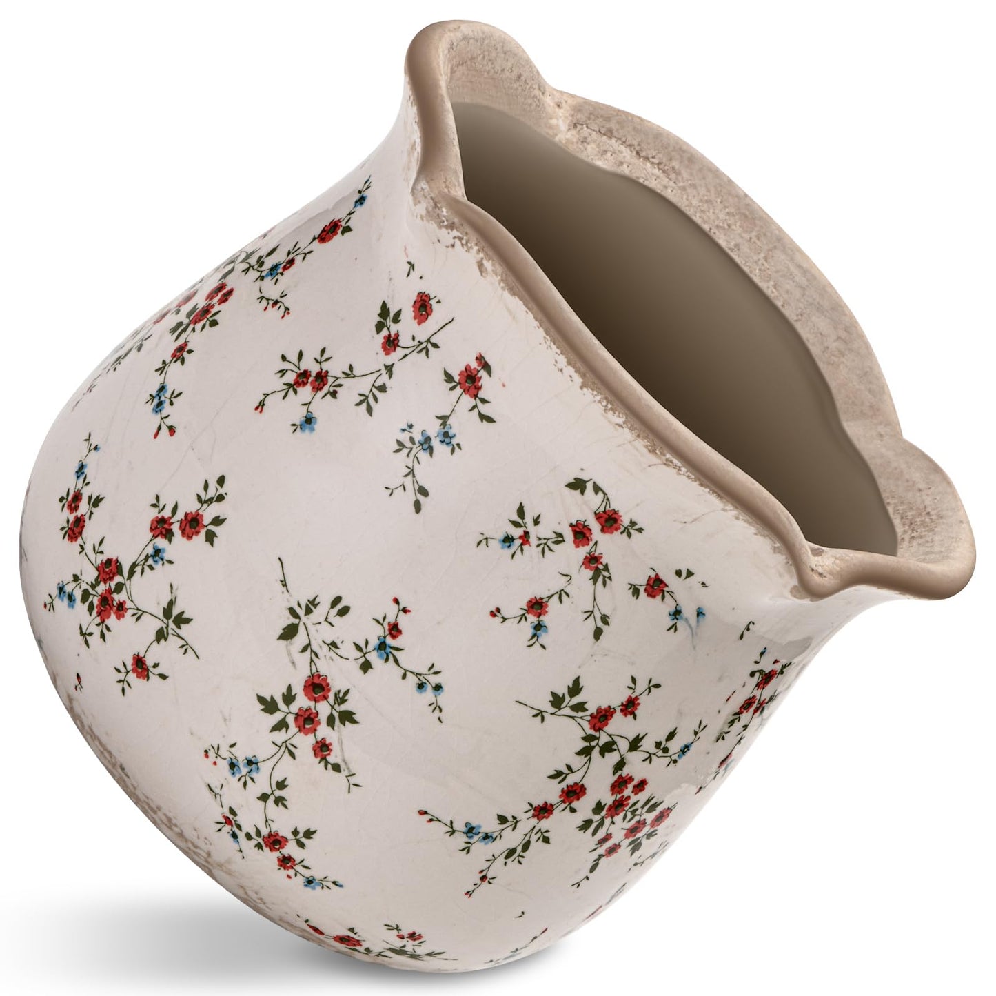 behen bahen Vintage Ceramic Planter Pot with Drainage Holes, Green Floral Design, 6.11 Inch, Distressed Tuscan Style, Indoor Plant Pot and Vase (Small Red Blooms)