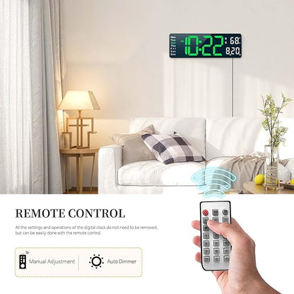 Digital Clock, Digital Wall Clock for Living Room Decor, Desk Alarm Clock for Bedroom, Large Wall Clock with Remote Control, Automatic Brightness Dimmer LED Clock with Date Temperature Week (Green-B)