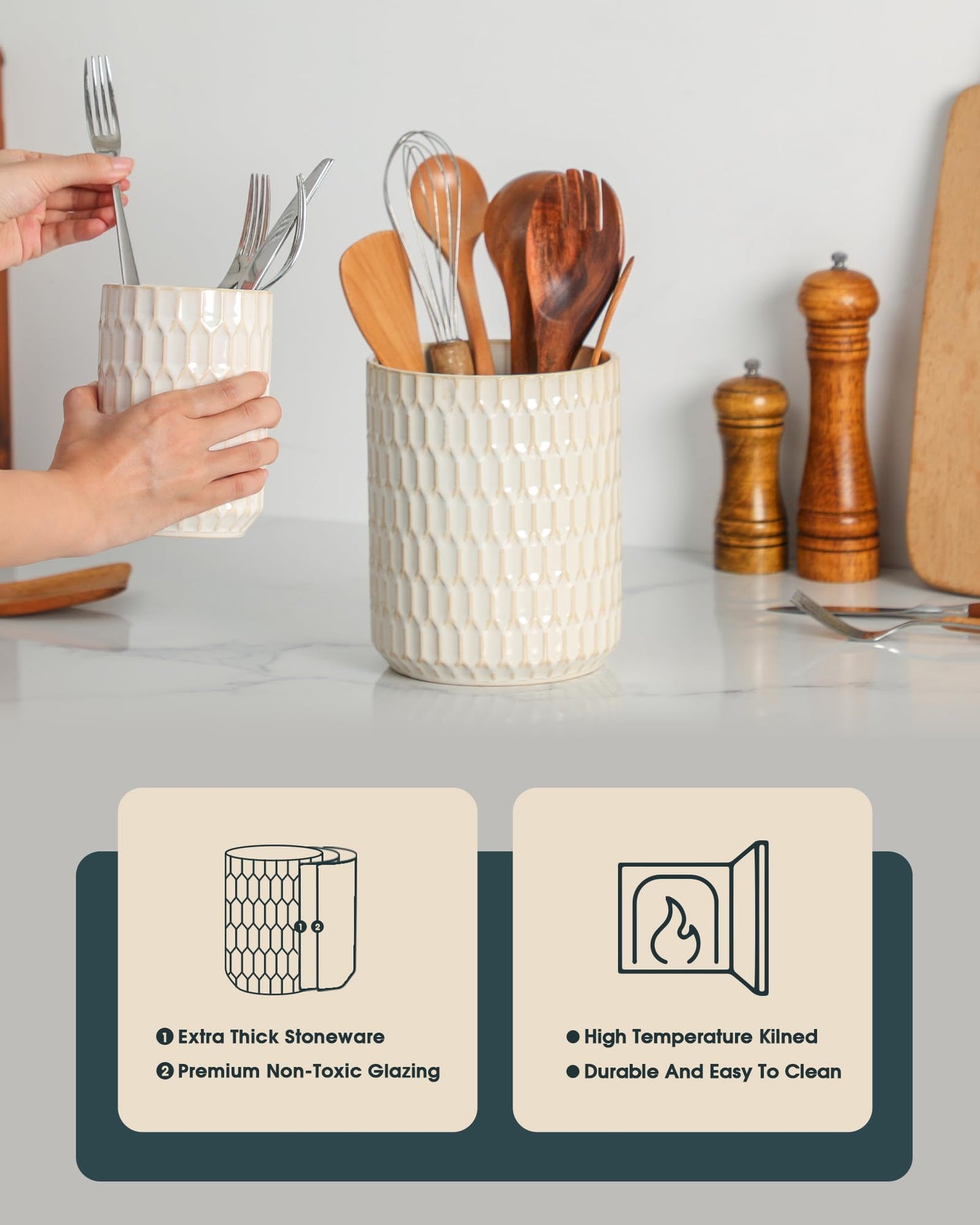 ArteBake Utensil Holder Set of 2, Large & Small Ceramic Utensil Holder for Kitchen Countertop, Farmhouse Kitchen Decor, Thick Durable Utensil Crock Organizer, Beige