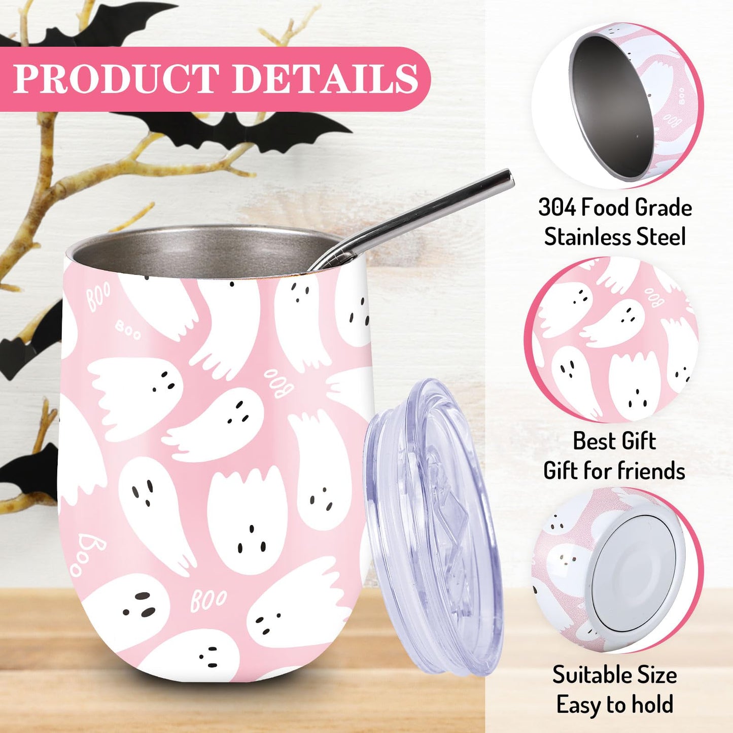 JarThenaAMCS Halloween Wine Tumbler with Straw and Lid Ghost Stainless Steel Travel Coffee Tumbler Mug for Women Girlfriend Besties Wife Lover Spouse Gifts