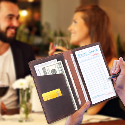 Fasjosma Server Books for Waitress,Leather Restaurant Guest Check Presenters Card Holder for Waitress,Restaurant Waitstaff Organizer with Money Pocket,Waiter Accessories Fit Server Apron-Coffee
