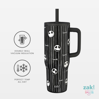Zak Designs Disney Tim Burton's The Nightmare Before Christmas Sutton Travel Tumbler for On the Go, 30oz Stainless Steel with Vacuum Insulation and Silicone Straw for Cold Drinks (Jack Skellington)