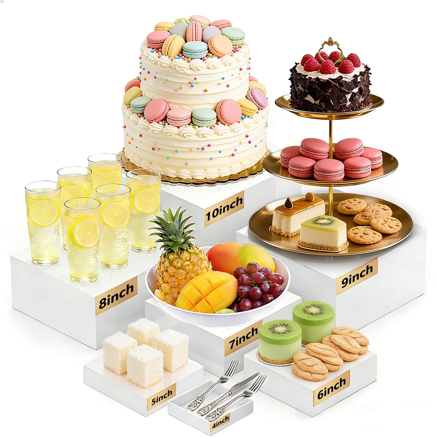 7PCS Buffet Risers Acrylic, 10" to 4" Large Tiered Display Stands for Desserts, Jewelry & Collectibles - Hollow Nesting, Easy Storage - Sturdy White Display Riser for Party, Wedding & Retail Counter