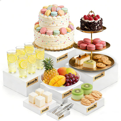 7PCS Buffet Risers Acrylic, 10" to 4" Large Tiered Display Stands for Desserts, Jewelry & Collectibles - Hollow Nesting, Easy Storage - Sturdy White Display Riser for Party, Wedding & Retail Counter