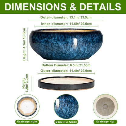 EPFamily Bonsai Pots - 13 Inch Ceramic Succulent Pots for Indoor Outdoor, Large Succulent Planter with Drainage Hole and Saucer, Round Shallow Flower Planters, Porch Decor, Gardening Gifts, Blue