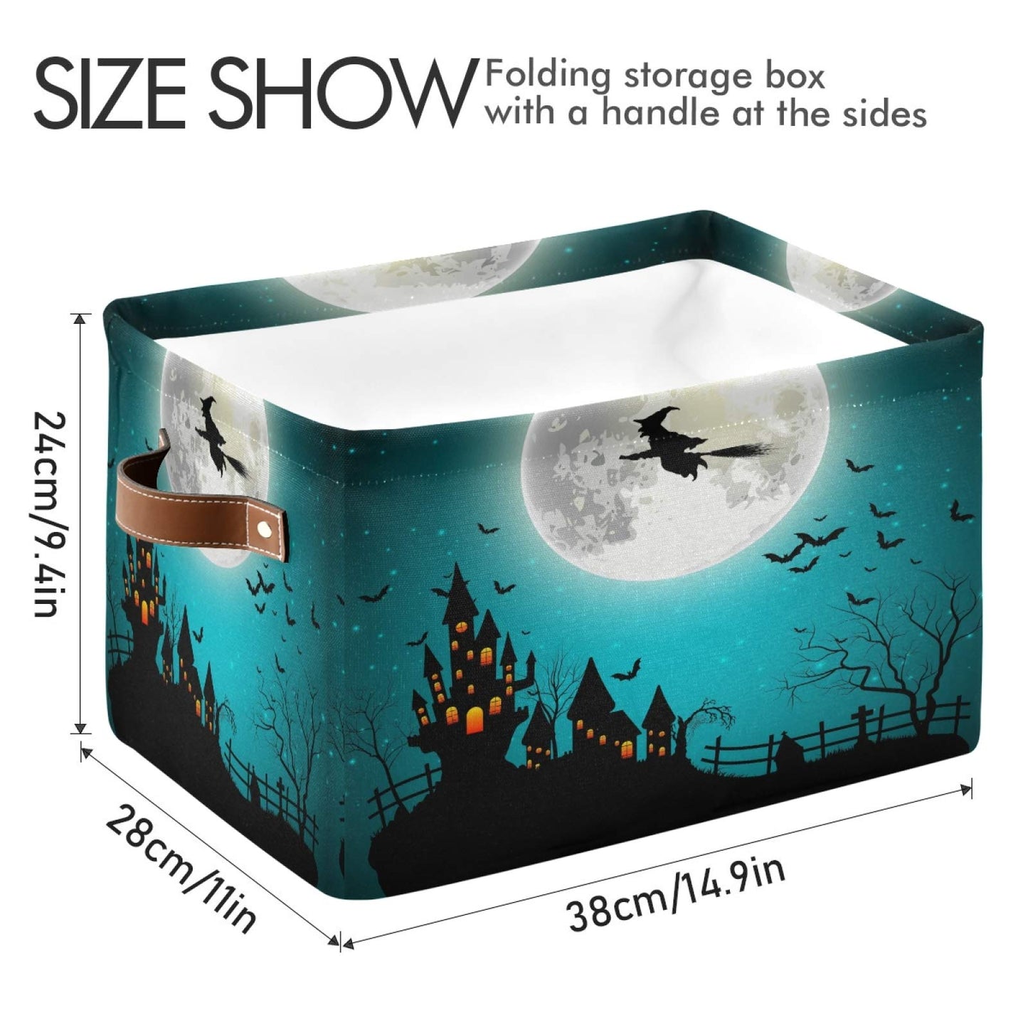 AUUXVA Storage Basket Halloween Witch Moon Castle Storage Cube Box Durable Canvas Collapsible Toy Basket Organizer Bin with Handles for Shelf Closet Bedroom Home Office