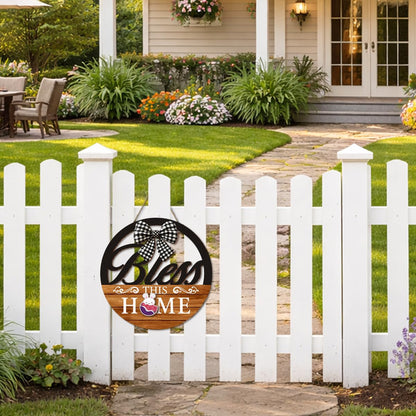 Interchangeable Seasonal Bless This Home Hanging Sign - Farmhouse Front Door Decoration for Spring All Seasons Holidays - Rustic Round Wood Wreaths with 12 Icons(Orange)