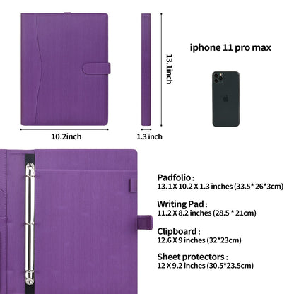 Wonderpool A4 PU Leather Portfolio Holder Ring File Document Case with Removable Binder Clipboard, Multi Pocket and Legal Pad for Business Organizer Interview and Meeting (Purple)