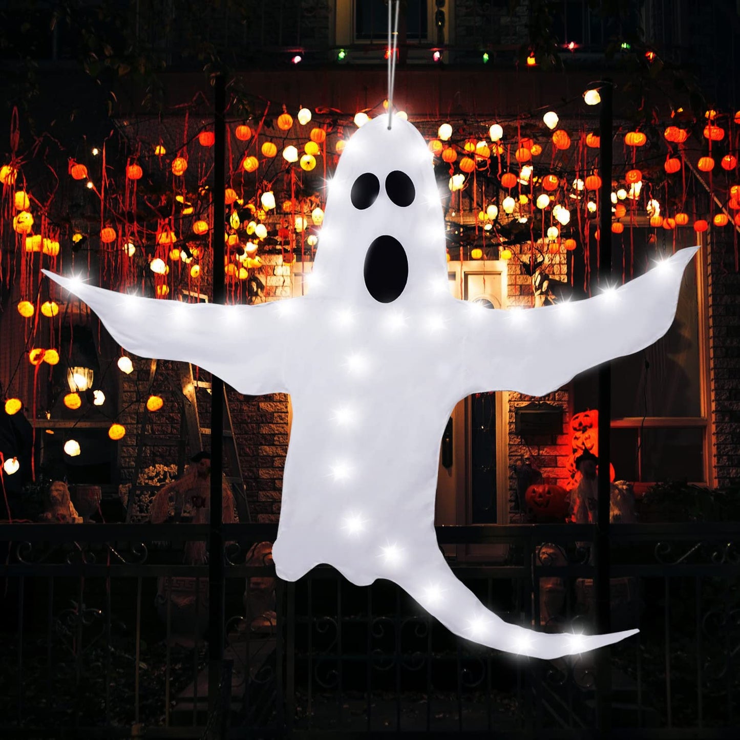 CCINEE Peek A Boo Hanging Ghost with White Lights 50" X 53" Prelit Large Spooky Outdoor Tree Wrap Ghost Decoration for Halloween Party Lawn Patio Haunted House Props Supply