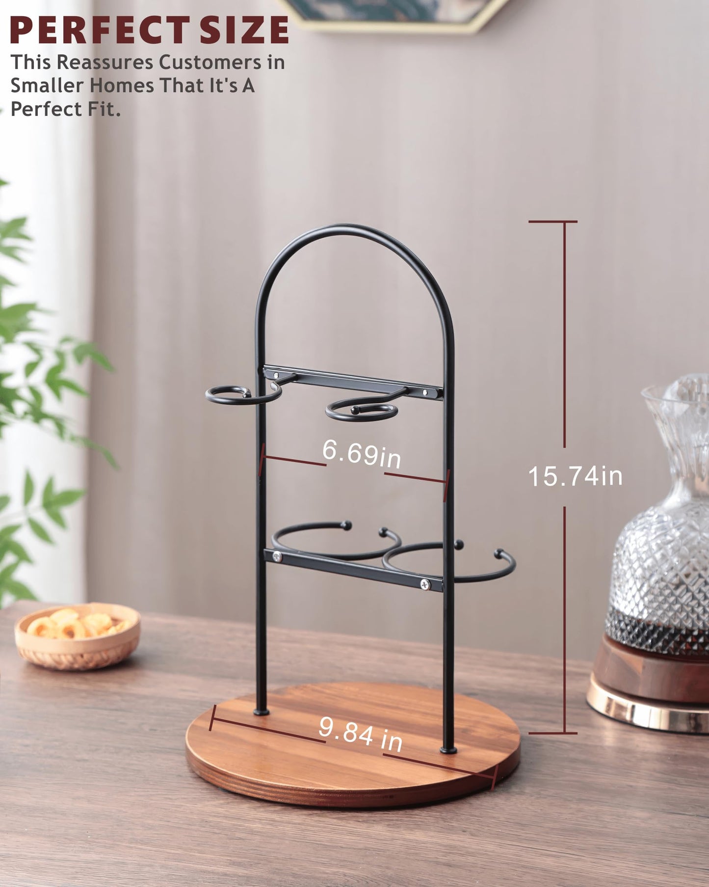 Wine Bottle and Glass Holder for Countertop | Small Wine Rack for 2 Bottles & 2 Glasses | Modern Tabletop Wine Storage with Round Wood Base | Freestanding Wine Stand & Caddy for Home Bar (Black)