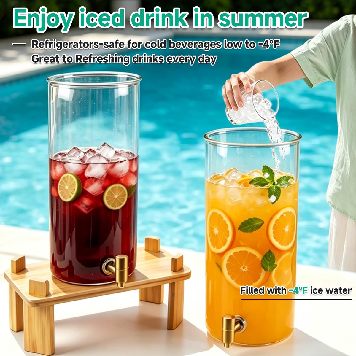 2 Gallon 2 PCS (4 gallon) Beverage Dispenser With Bamboo Wood Stand,Large Glass Drink Dispenser for Parties,Large Water Dispensers with Spigot,Juice Containers & Water Pitcher,Lemonade Dispenser