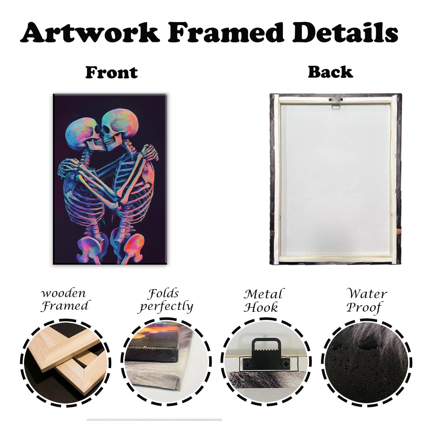 Skeleton Wall Art Kissing Skull Art Poster Skeleton Lover Picture Print On Canvas Abstract Horrible Theme Painting Framed Artwork Living Room Decor(Artwork-3,12"x18")