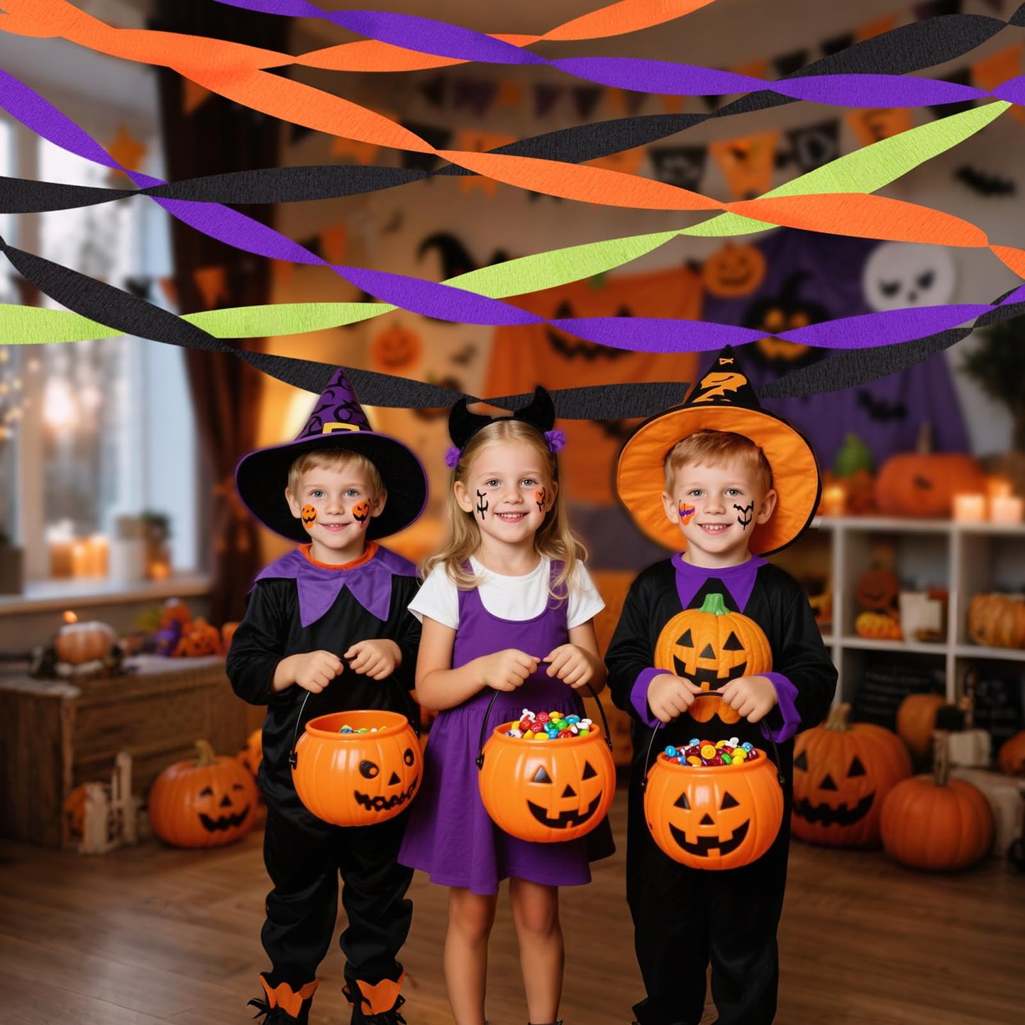 Riqiaqia Halloween Streamers, 8 Rolls Black & Orange Crepe Paper Streamers for Halloween Party Decorations, Birthday & Home Backdrop Decorations