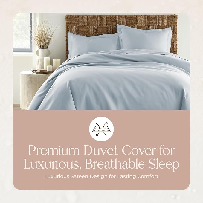 100% Organic Cotton Duvet Cover Twin Size - Naturally Soft Lightweight & Cooling Duvet Cover Set with Decorative Shams - Premium GOTS Certified 300 Thread Count Sateen Weave (Powder, Twin)