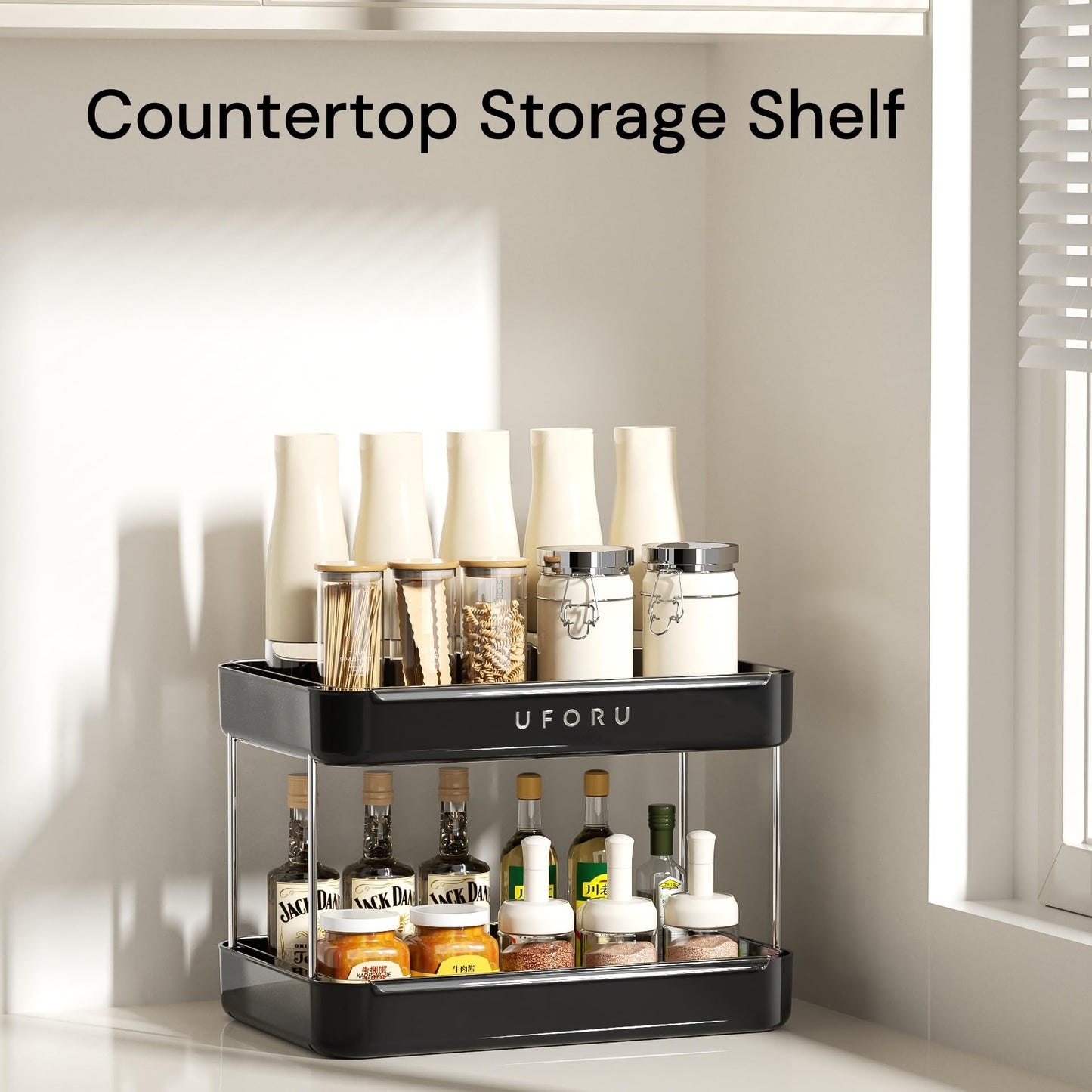 UFORU Countertop Coffee Station Organizer, 2 Tier Wine Glass Holder, Mug Display Shelf with Removable Drain Tray, Spice & condiment Rack for Kitchen, Bathroom Countertop Organizer, Black