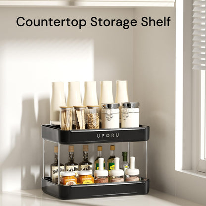 UFORU Countertop Coffee Station Organizer, 2 Tier Wine Glass Holder, Mug Display Shelf with Removable Drain Tray, Spice & condiment Rack for Kitchen, Bathroom Countertop Organizer, Black