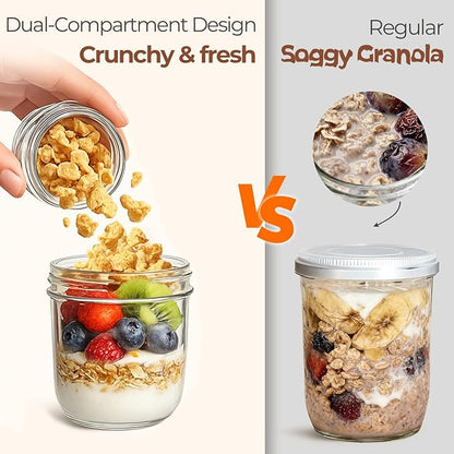 ComSaf Overnight Oats Containers with Lids (8oz+4oz, 2Pcs), Glass Yogurt Parfait Cups for Cereal Nut Fruit, Dual-Layer Chia Pudding Jars Reusable, Small Mason Jars for Salad, Meal Prep, Snack, Oatmeal