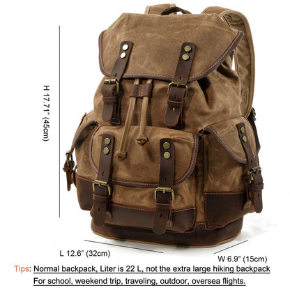 WUDON Men Travel Backpack, Genuine Leather-Waxed Canvas Shoulder Hiking Rucksack (Khaki)