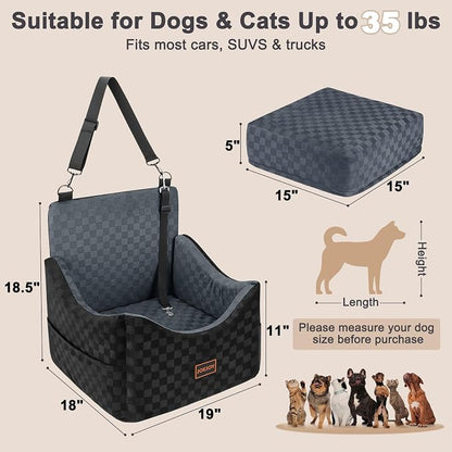 JOEJOY Elevated Dog Car Seat for Small/Medium Dogs up to 35 lbs, Memory Foam Booster Seat with Detachable Washable Cover, Travel-Safe Car Bed with Safety Belts & Storage Pockets, Dark Grey