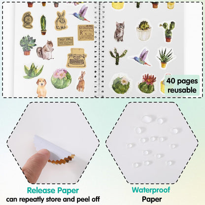 CRASPIRE 40 Sheets Reusable Sticker Storage Book Album A5 Size Blank Sticker Album Organizer Moth Insects Cover Waterproof Release Paper with Scraper Tweezer for Label
